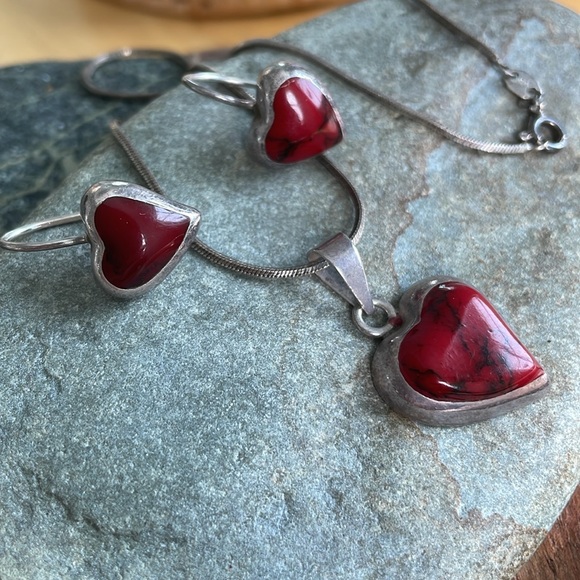 Red Heart Jasper Sterling Earrings and Necklace Mexico - Picture 4 of 12
